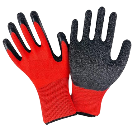 Latex crinkle coated work gloves, red liner with a black crinkled palm