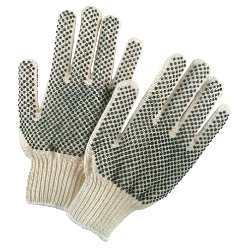 Cotton work gloves with black PVC grip dots across the palm and fingers