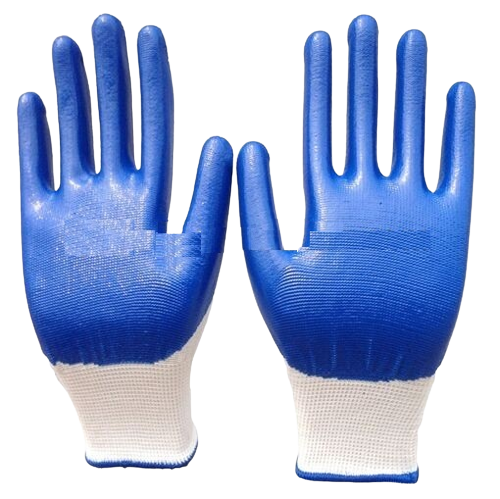 Blue nitrile coated work gloves on a white knitted liner