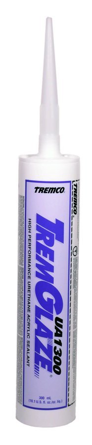 A cartridge of Tremco TremGlaze UA1300 urethane acrylic sealant