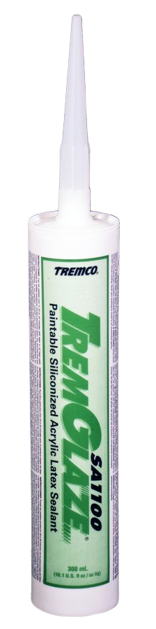 A cartridge of Tremco TremGlaze SA1100 acrylic latex caulk