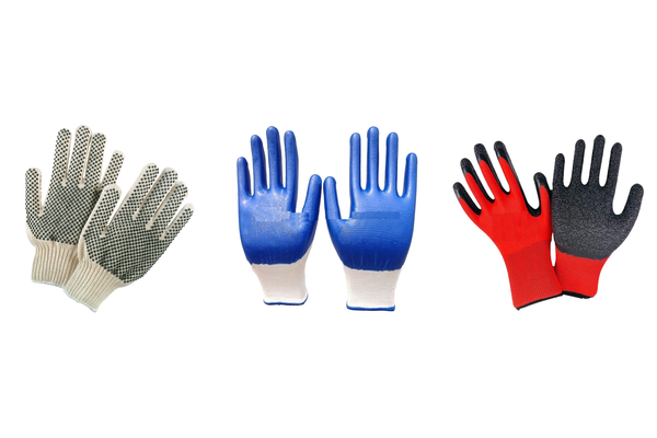 Three kinds of work glove: cotton with PVC dots, nitrile coated and latex crinkle