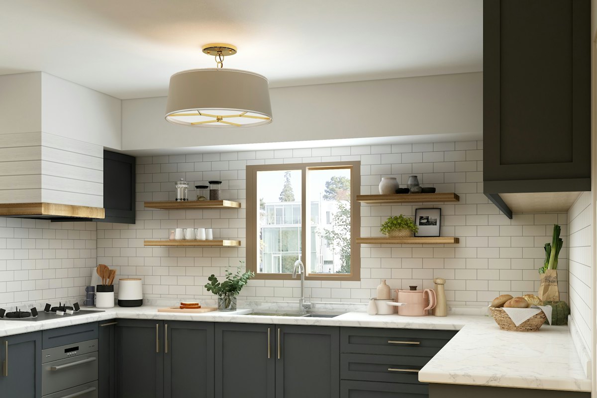 A kitchen with dark grey cabinets and open shelves